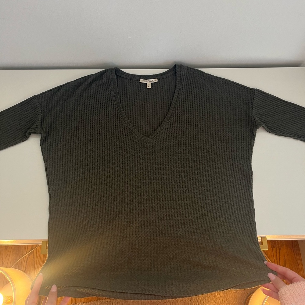 Selling an Olive Green V-neck waffle knit top. In Medium. From Express.